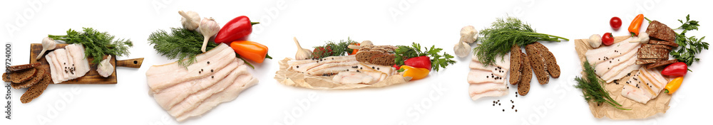 Raw pork fat with bread, spices and vegetables on white background Raw pork fat with bread, spices and vegetables on white background