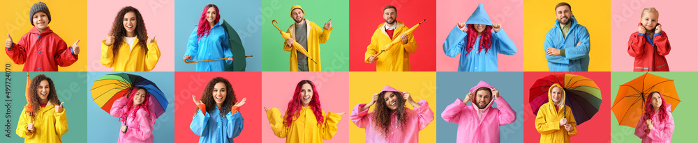 Collage with many different people in raincoats on colorful background Collage with many different people in raincoats on colorful background