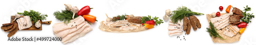 Raw pork fat with bread, spices and vegetables on white background
