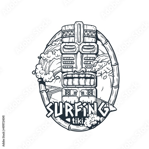 Surfing australia or tiki mask surfing hawaii print. Surf and wave for shirt print. Tropical surfbord or surf board for tiki bar or beach bar	 photo