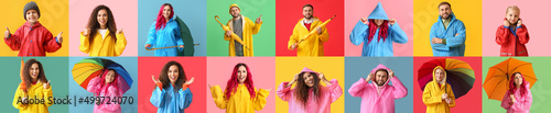 Foto Collage with many different people in raincoats on colorful background