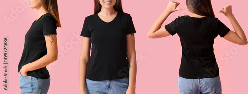 Set of young woman in black t-shirt on pink background. Mockup for design