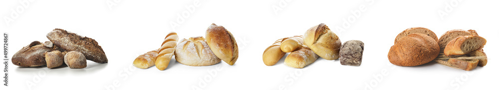 Assortment of tasty fresh bread on white background