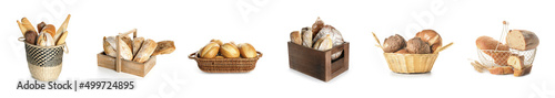 Foto Assortment of tasty fresh bread on white background