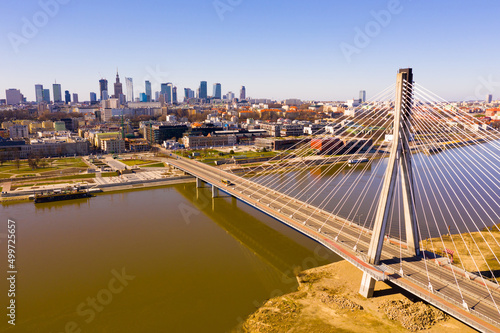 Aerial view of Warsaw cityscape at sunny day, Poland