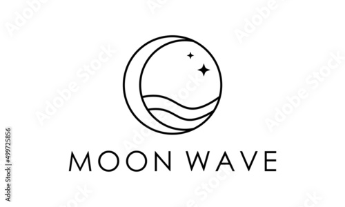crescent moon and waves logo design. luxury linear outline style.