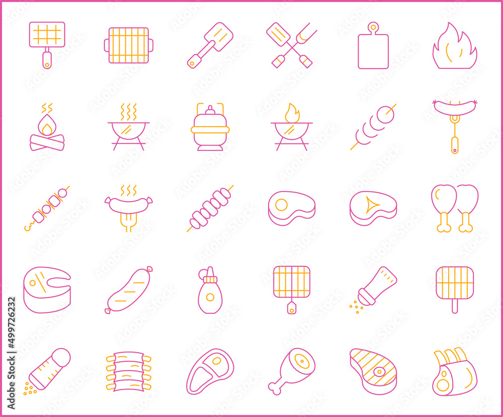 Set of barbecue and Grill icons line style. It contains such Icons as BBQ, picnic, camping, meat, steak, food, outdoor, hiking, sausages, beef and other elements. Set of barbecue and Grill icons line style. It contains such Icons as BBQ, picnic, camping, meat, steak, food, outdoor, hiking, sausages, beef and other elements.