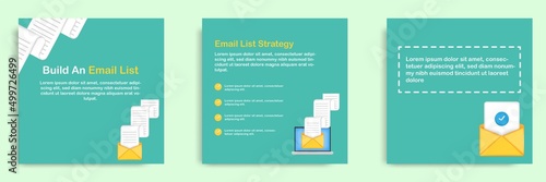 3D cartoon style. Social media informative email target list tips post banner template layout design. Yellow mail envelope with long list document