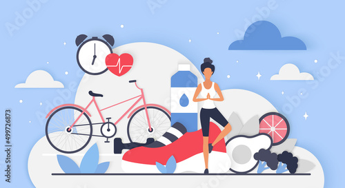 Active lifestyle with exercise workout and healthy diet. Tiny person in yoga tree zen pose, bicycle and sneakers for sport activity, natural ingredients for detox, slimming flat vector illustration