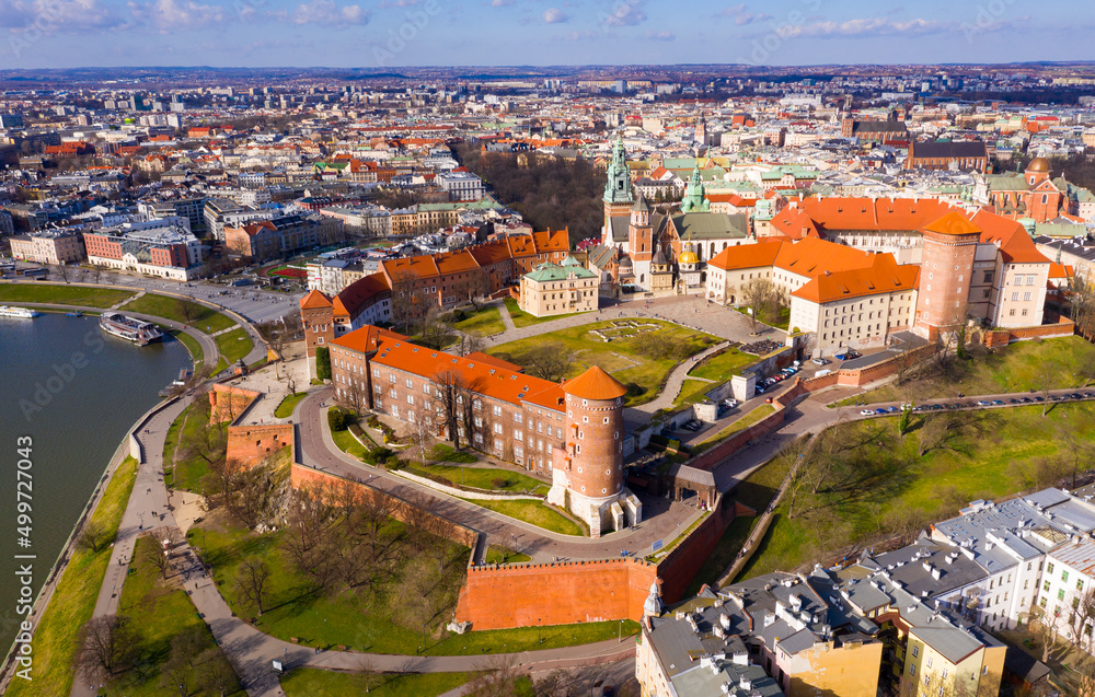 Aerial view on the medieval castle Wawel. Wawel city. 