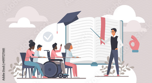 Inclusive education, special competence and pedagogue. Tiny tutor with pointer teaching diverse group of school children in classroom, people in need social adaptation flat vector illustration