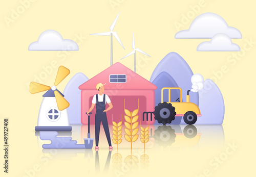 Modern agriculture, cultivation and wheat production production. Tiny farmer with shovel, working agricultural tractor and air turbines, village barn for harvest flat vector illustration. Farm concept