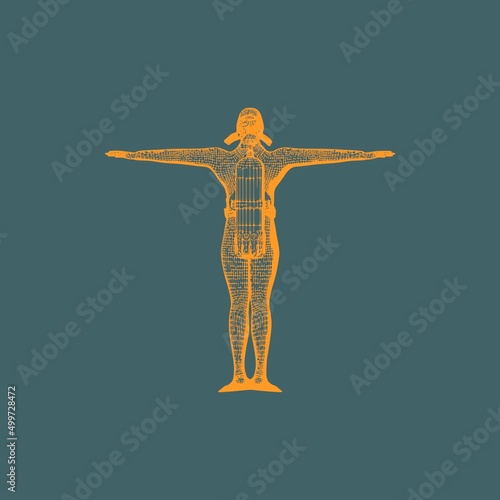 Monochrome silhouette of diver. Mesh grid texture