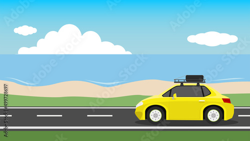 Traveling cars yellow color. Driving on an asphalt road. with roof rack mounted for long-distance tours with a spare tire. Environment of sand beach and sea under blue sky and white clouds. © thongchainak