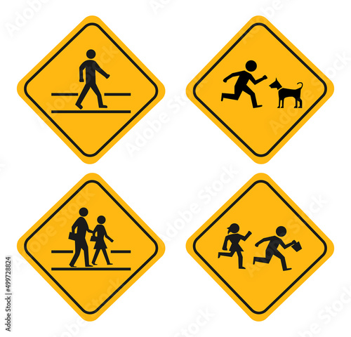 illustration set of school zone street or 

pedestrian area. pedestrians yellow signs 

isolated on white background

