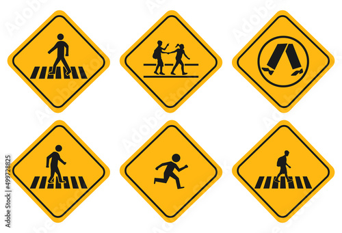 illustration set of school zone street or 

pedestrian area. pedestrians yellow signs 

isolated on white background

