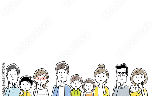 ベクターイラスト素材：疑問を感じる家族、子育て世代、人々
