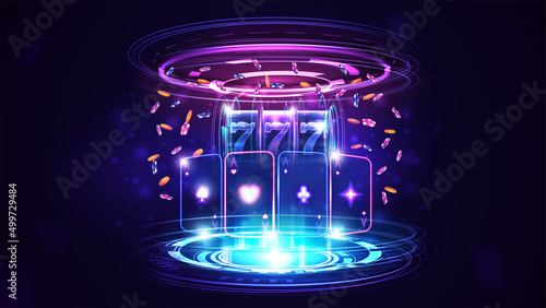 Neon Casino playing cards, slot machine with jackpot, poker chips, gold coins and hologram of digital rings in dark empty scene