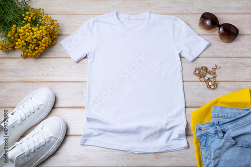 Womens white T-shirt mockup with yellow flowers