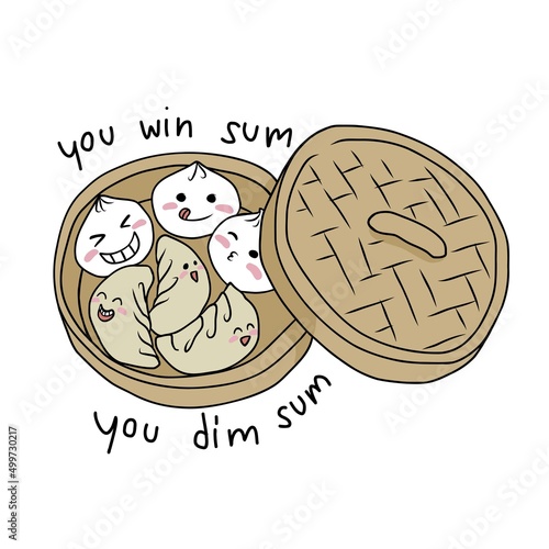 You win some , you dim sum. dimsums in bamboo basket cartoon doodle vector illustration