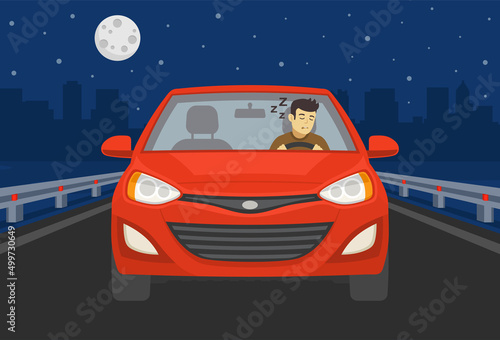 Close-up front view of a drowsy driver. Sleeping young male character while driving a red car on highway at night. Flat vector illustration template.