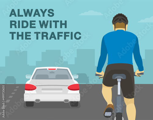 Safe bicycle riding rules and tips. Close-up back view of a cyclist on a city road. Always ride with the traffic. Flat vector illustration template.