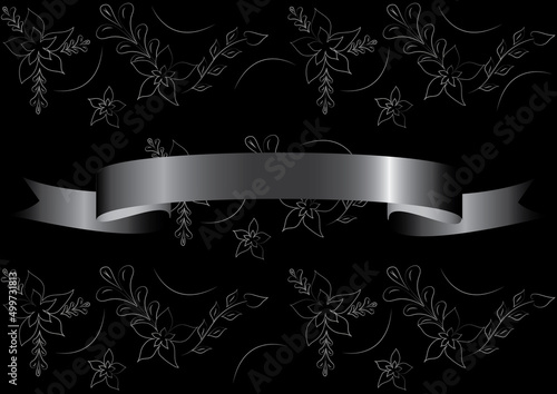 Black floral mourning pattern illustration with blank ribbon. Flourish gray patterned background with lines and ribbon for your text, vector and jpg format.