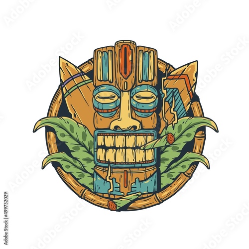 Surfer paradise or tiki mask with surfs and tropical leavs for surfing. Exotic hawaii mask and surfboards for summer tiki bar or tropic beach	