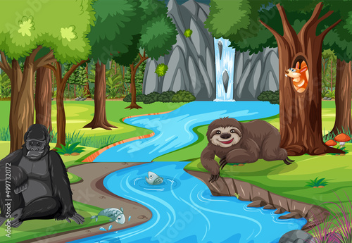 Wild animals cartoon characters in the forest scene