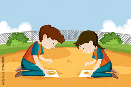 Children playing scratch dalgona cookie at the park