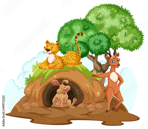 Group of wild animals with animal burrow