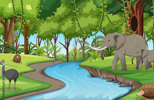 River forest scene with elephants in cartoon style