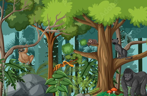 Wild animals in nature forest scene