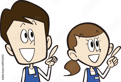 指差しする男性と女性の店員
