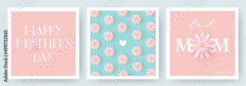 Set of Mother's Day greeting cards with paper cut flowers and typography. Mother Day holiday illustration for greeting banner, fashion ads, poster, flyer, social media, promotion