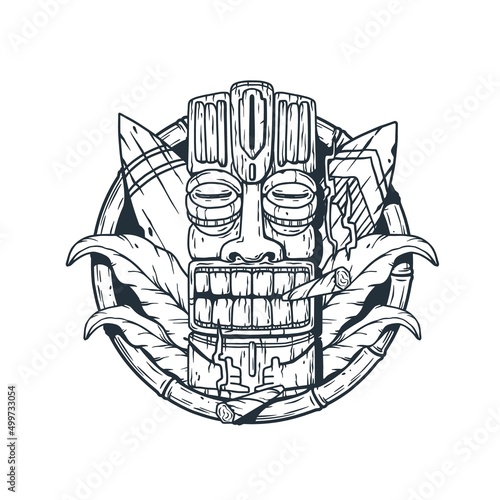 Surfer paradise or tiki mask with surfs and tropical leavs for surfing. Exotic hawaii mask and surfboards for summer tiki bar or tropic beach