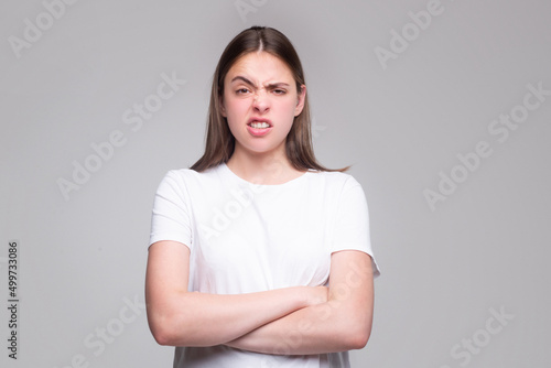 Emotional angry woman, upset girl. Screaming, hate, rage. Pensive woman feeling furious mad and crazy stress.