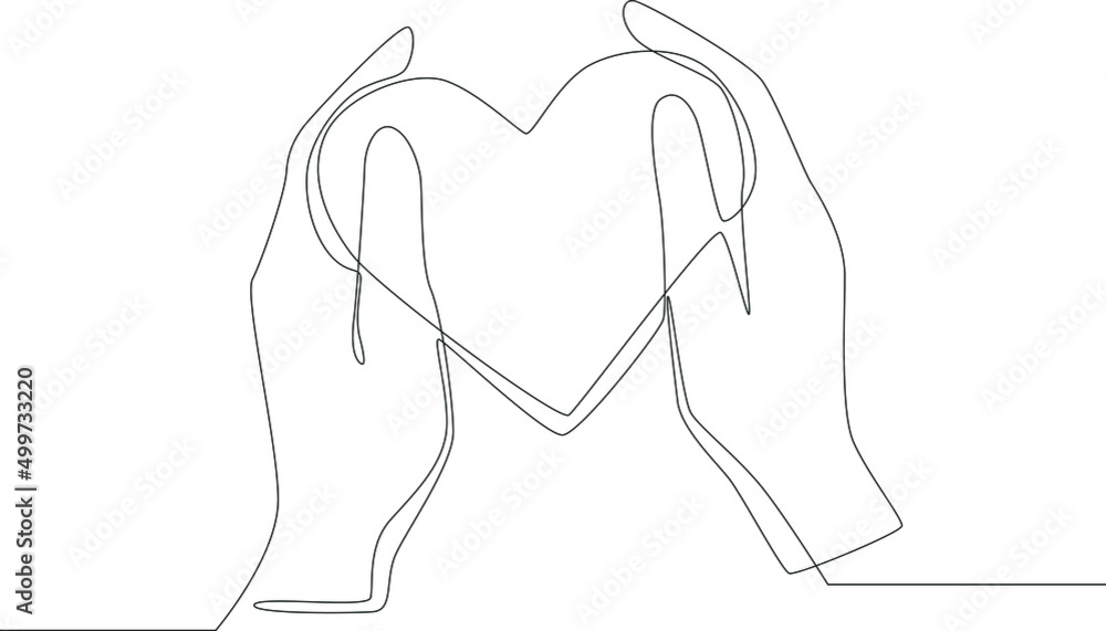 Single one line drawing hand holding a sign of love to given to his mother. mother's day. Continuous line draw design graphic vector illustration.