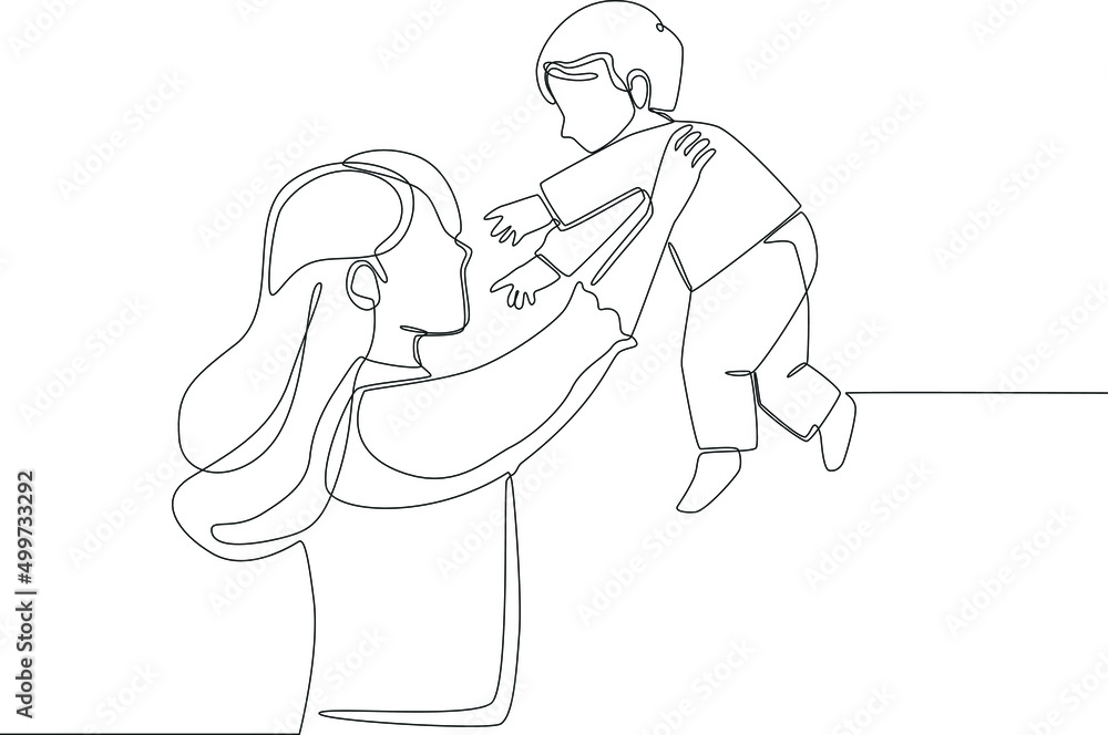 Single one line drawing. Happy Young mom throwing baby up. Mother's day. Continuous line draw design graphic vector illustration. Single one line drawing. Happy Young mom throwing baby up. Mother's day. Continuous line draw design graphic vector illustration.