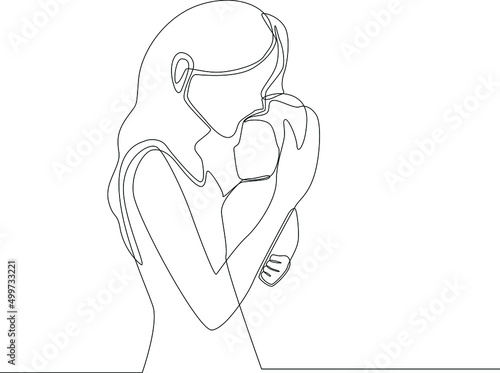 Single one line drawing mother is holding her baby on her lap. Mother's day. Continuous line draw design graphic vector illustration.
