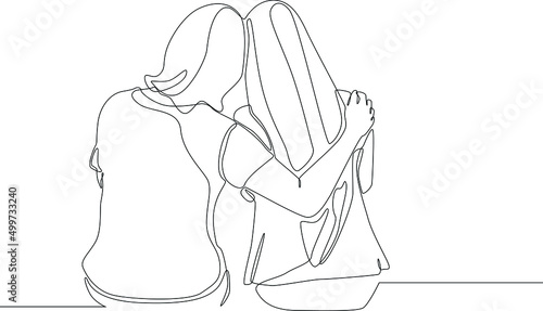 One continuous line drawing of Closeup of mother and daughter sitting and her hands resting on shoulders. Trendy single line draw design vector graphic illustration.