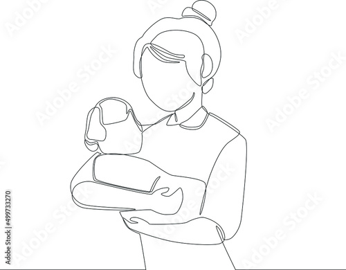 Single one line drawing Asian mother is holding her baby on her lap. Mother's day. Continuous line draw design graphic vector illustration.