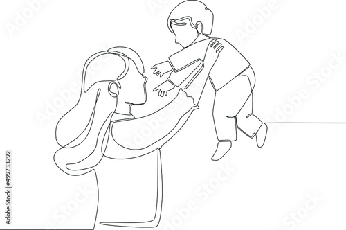 Single one line drawing. Happy Young mom throwing baby up. Mother's day. Continuous line draw design graphic vector illustration. 