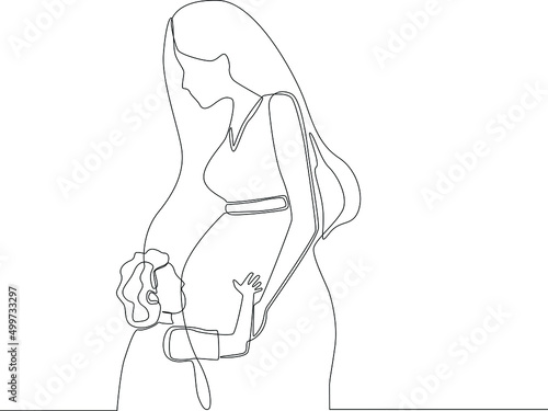 Single one line drawing Happy young mother pregnant. her big belly is kissed by her daughter. Continuous line draw design graphic vector illustration.