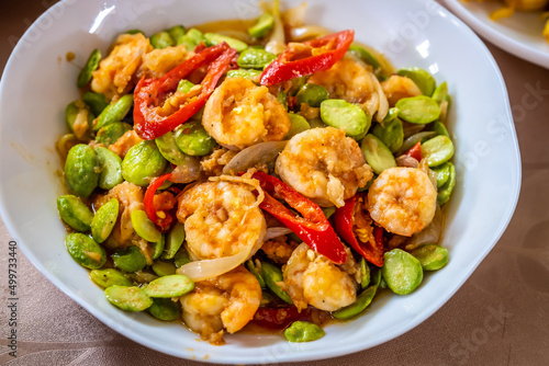 Traditional southern Thai food recipe, popular in Thailand, Stir fried Sato with shrimps paste, selective focus.