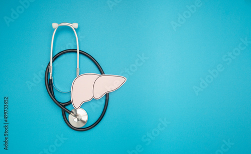 A stethoscope and liver shape made of paper are over a blue background