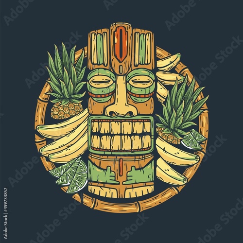 Tiki mask and tropical fruits. Exotic banana, pineapple and lime for summer hawaiian prints or tropic beach