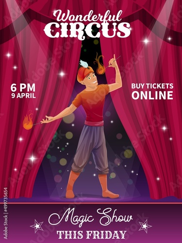 Shapito circus vector flyer poster with cartoon fire eater character on stage of carnival show. Funfair performer or amusement park entertainer with fire torches performing fire eating tricks