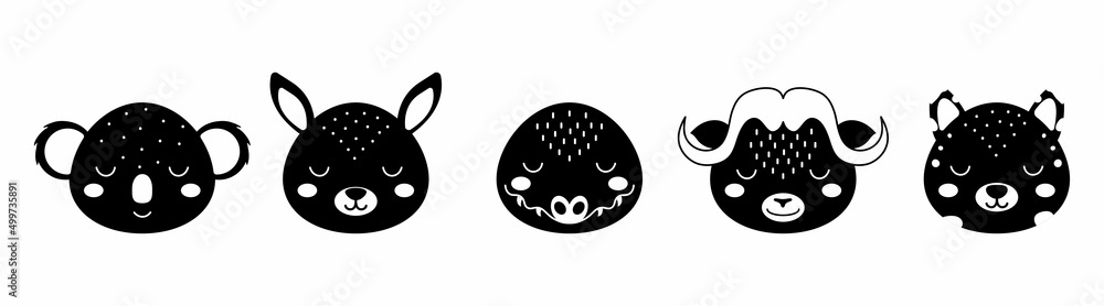 Black and white animal heads set of koala, kangaroo, crocodile, musk ox, lynx. Animal faces in scandinavian style. Desing for kids t-shirts, wear, nursery decoration, greeting cards, other. Black and white animal heads set of koala, kangaroo, crocodile, musk ox, lynx. Animal faces in scandinavian style. Desing for kids t-shirts, wear, nursery decoration, greeting cards, other.