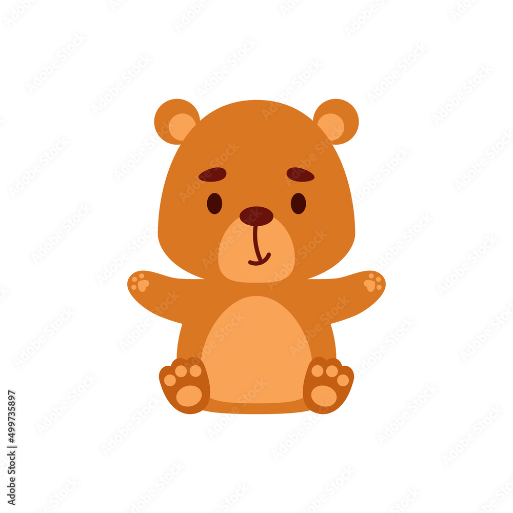 Cute little sitting bear. Cartoon animal character design for kids t-shirts, nursery decoration, baby shower, greeting cards, invitations, bookmark, house interior. Vector stock illustration Cute little sitting bear. Cartoon animal character design for kids t-shirts, nursery decoration, baby shower, greeting cards, invitations, bookmark, house interior. Vector stock illustration
